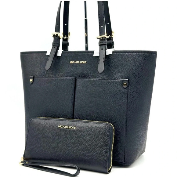 Michael Kors Jet Set Medium Pocket Tote Bag & Continental Wallet Wristlet Black - Picture 1 of 13